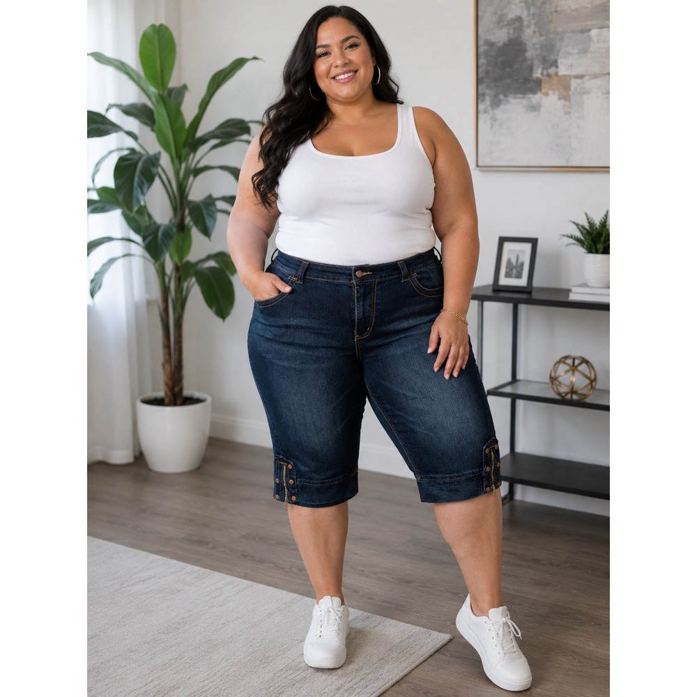Venezia Dark Wash Denim Bermuda Shorts with Zipper Detail Plus Size